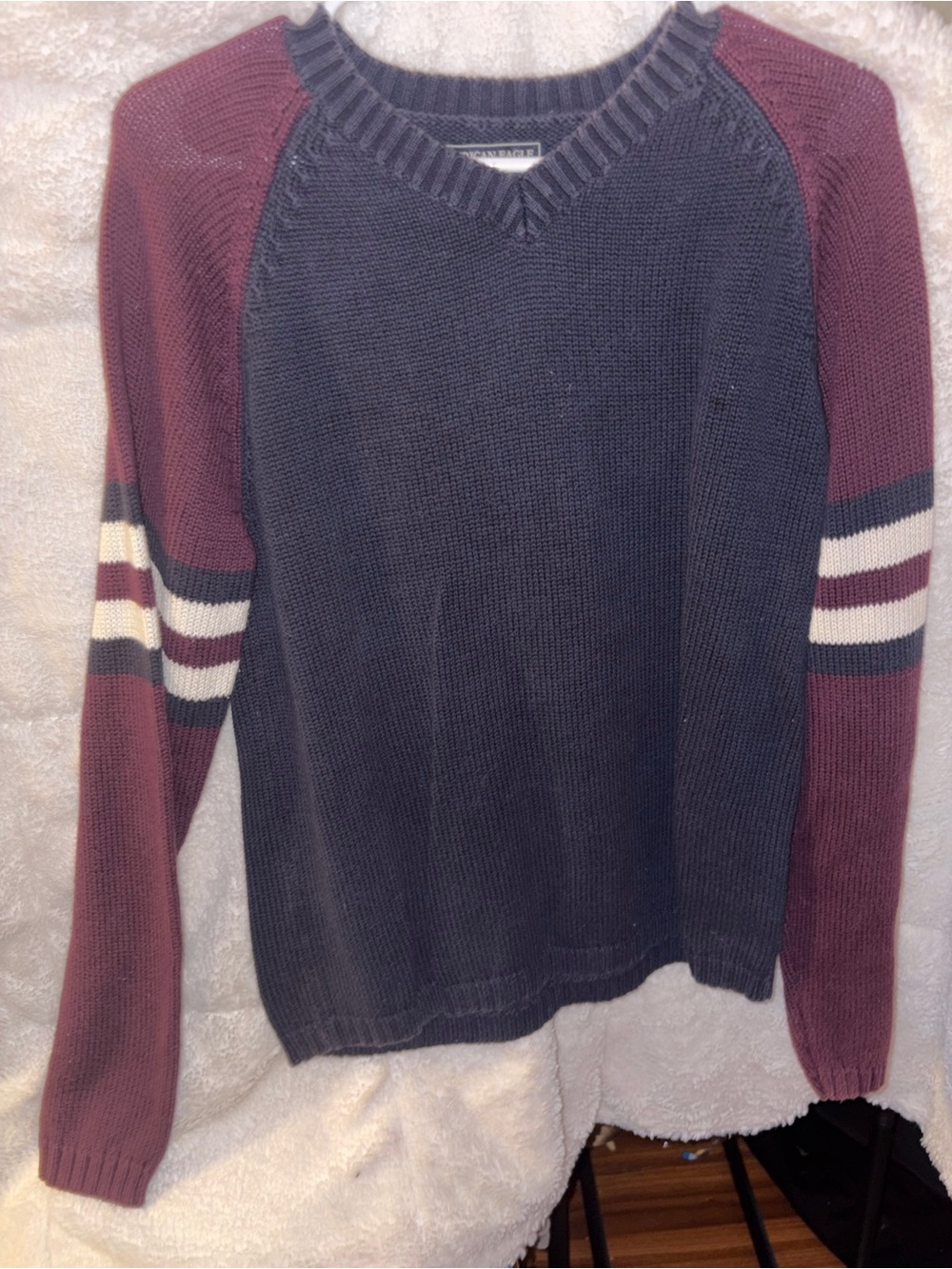 American Eagle Outfitters Navy V-Neck Sweater with Burgundy Raglan Sleeves